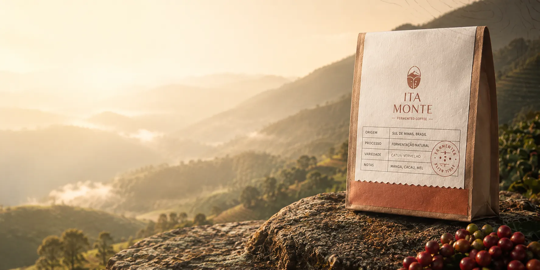 Itamonte coffee packaging against Brazilian mountain landscape